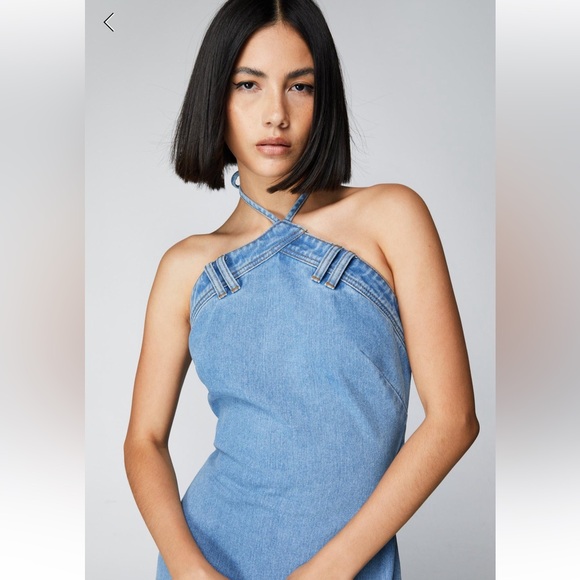 NWT Nasty gal Denim Tie Back Halter Midi Dress - Picture 3 of 9